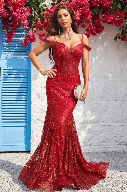 Mermaid Off the Shoulder Burgundy Corset Prom Dress with Bronzing sold by Zapaka