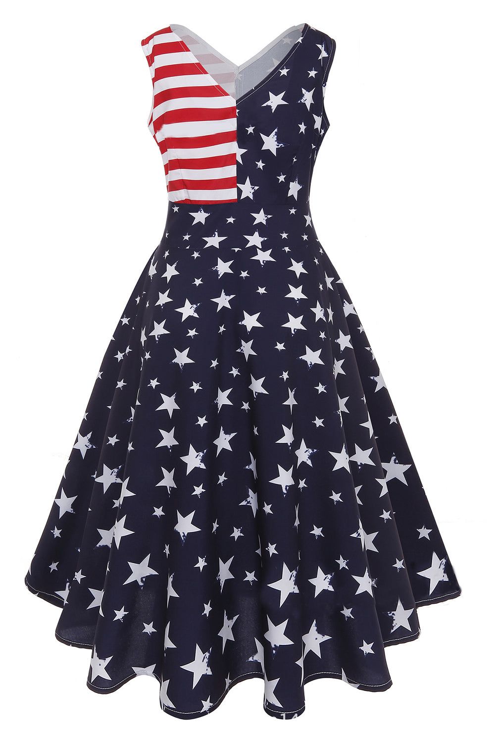 Navy V-Neck Stars Stripes Printed 1950s Dress sold by Zapaka product image thumbnail 2
