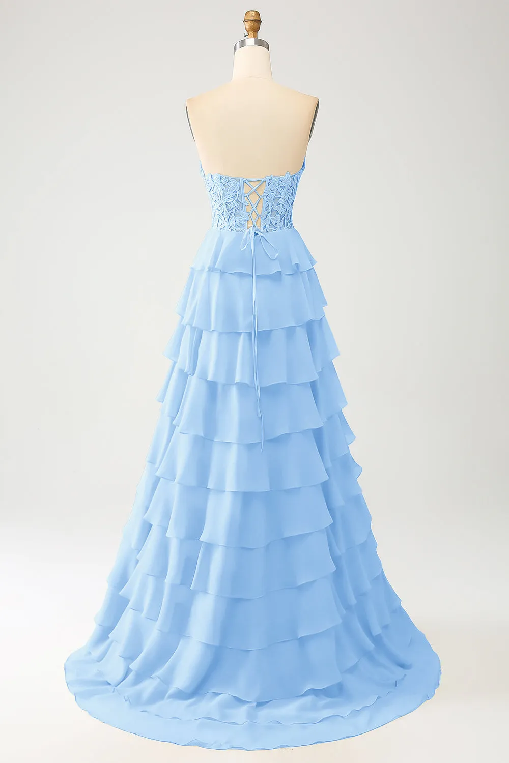 Sky Blue A-Line Sweetheart Tiered Corset Long Prom Dress sold by Zapaka product image thumbnail 2