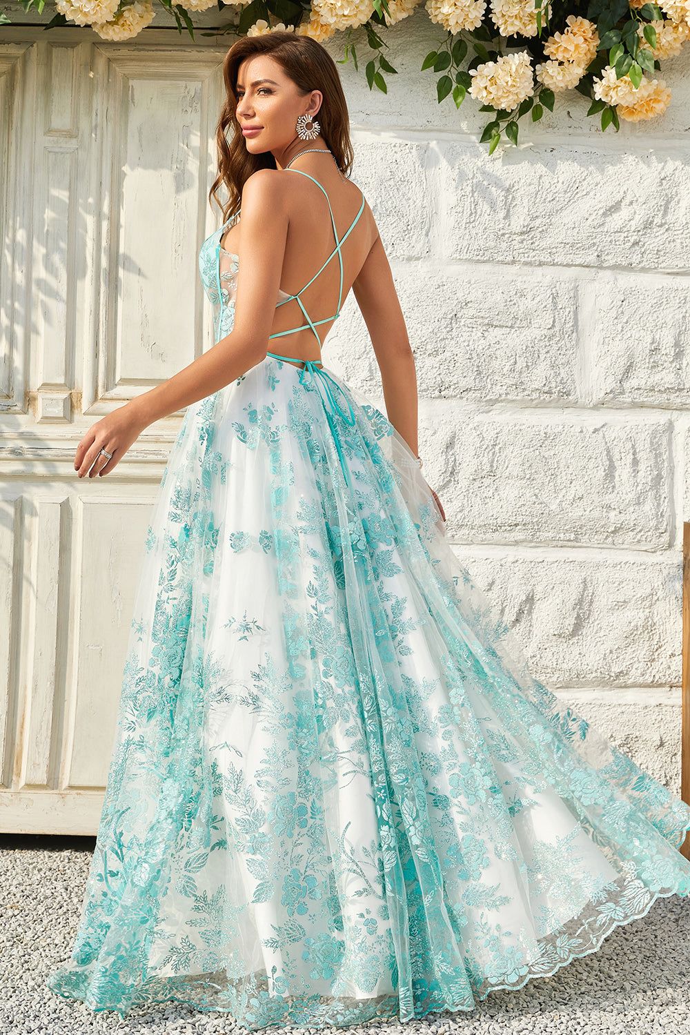 A Line Spaghetti Straps Green Corset Prom Dress with Criss Cross Back sold by Zapaka product image thumbnail 2