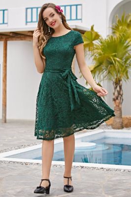 Dark Green Lace Midi Party Dress sold by Zapaka