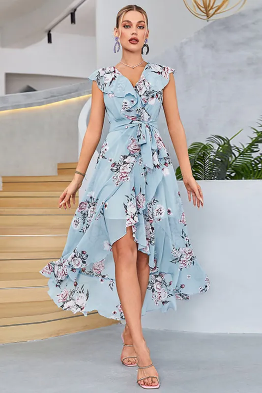 Blue A-Line V-Neck Asymmetrical Print Chiffon Summer Dress sold by Zapaka