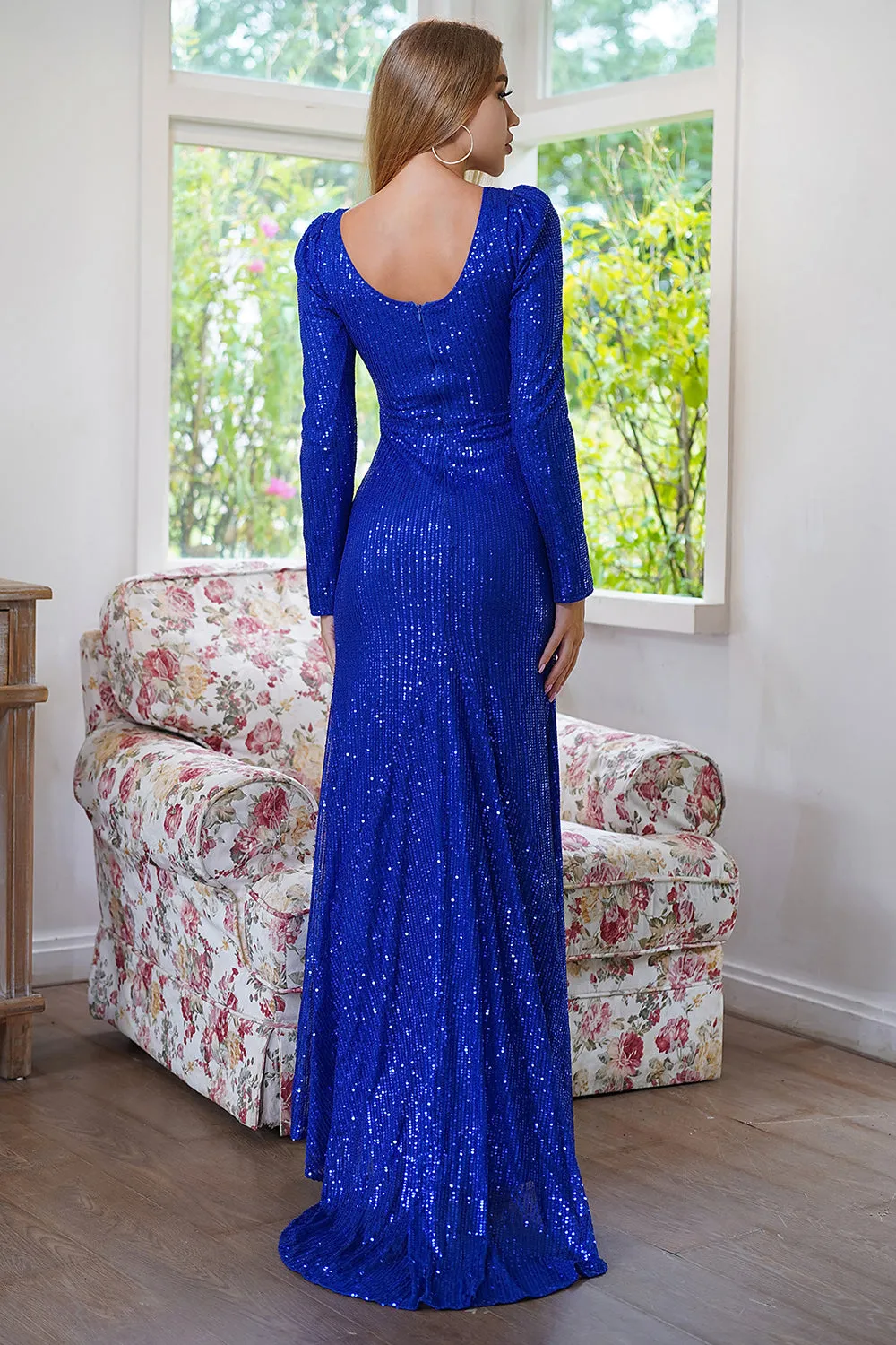 Sparkly Long Sleeves Sequins Royal Blue Evening Party Dress with Slit sold by Zapaka product image thumbnail 2