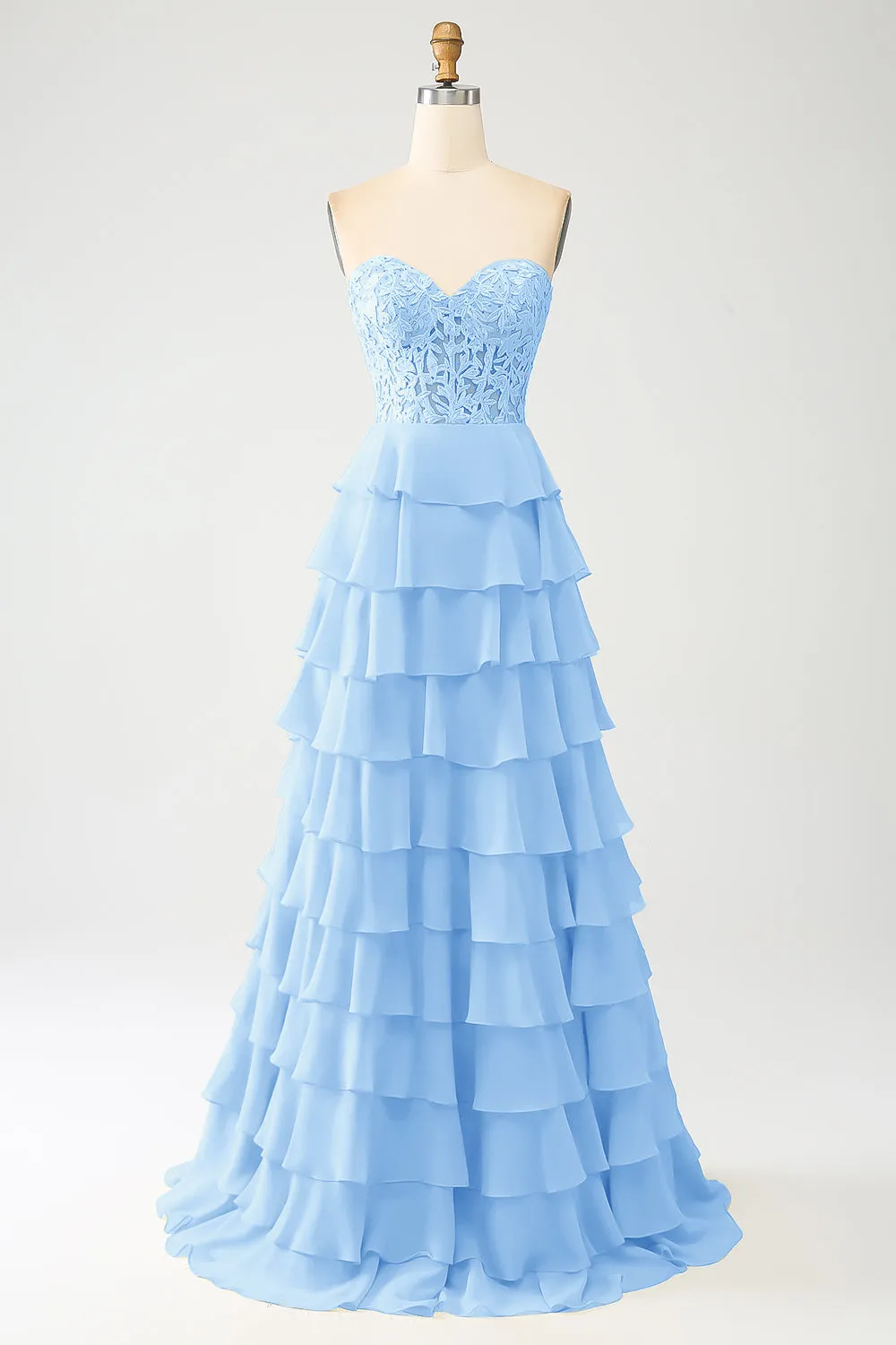 Sky Blue A-Line Sweetheart Tiered Corset Long Prom Dress sold by Zapaka