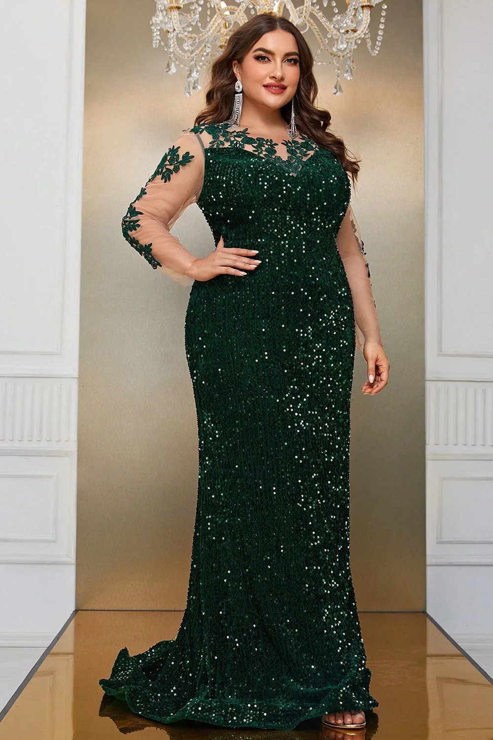 Dark Green Mermaid Plus Size Sequin Prom Dress with Appliques sold by Zapaka product image thumbnail 4
