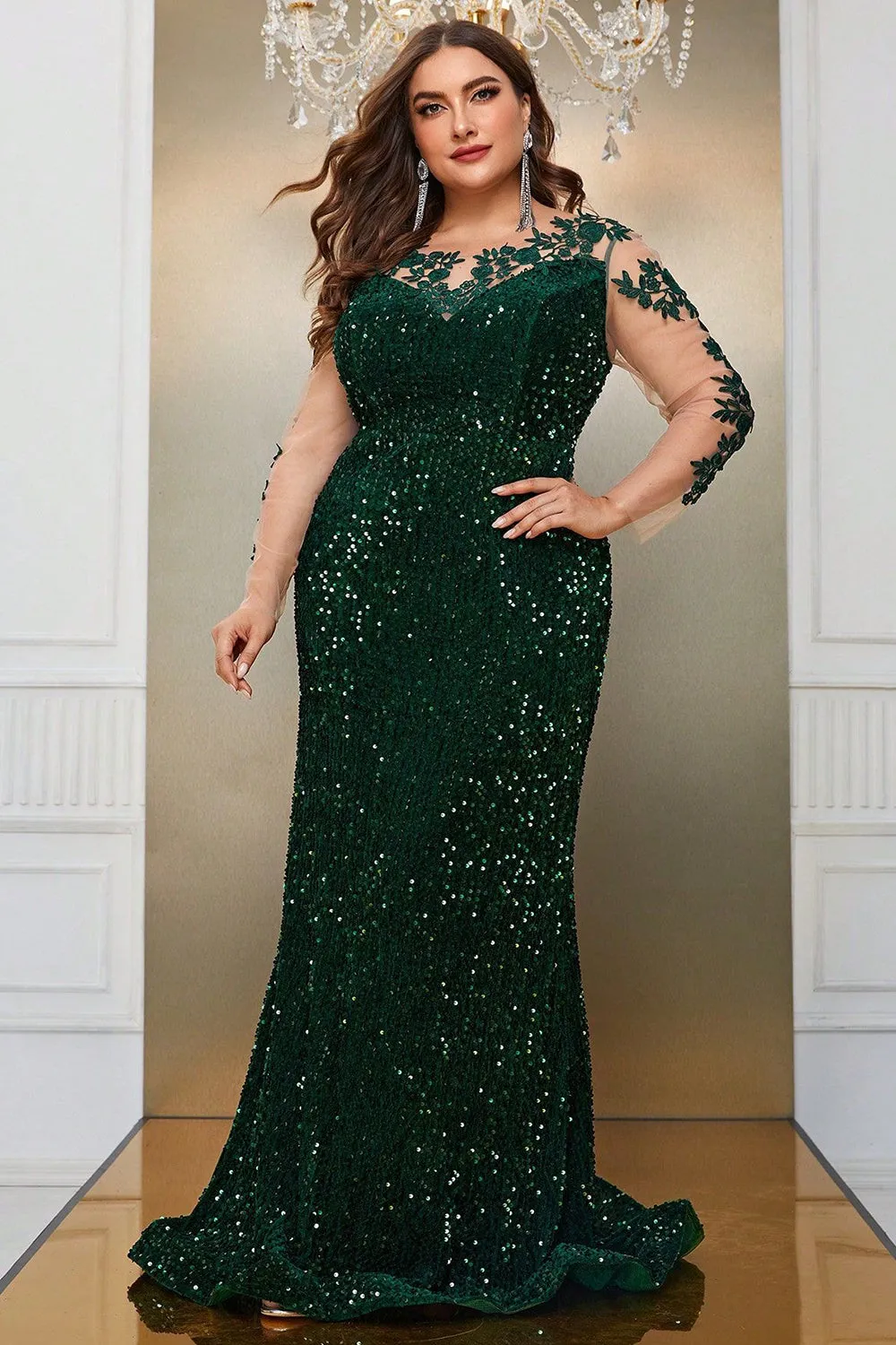 Dark Green Mermaid Plus Size Sequin Prom Dress with Appliques sold by Zapaka