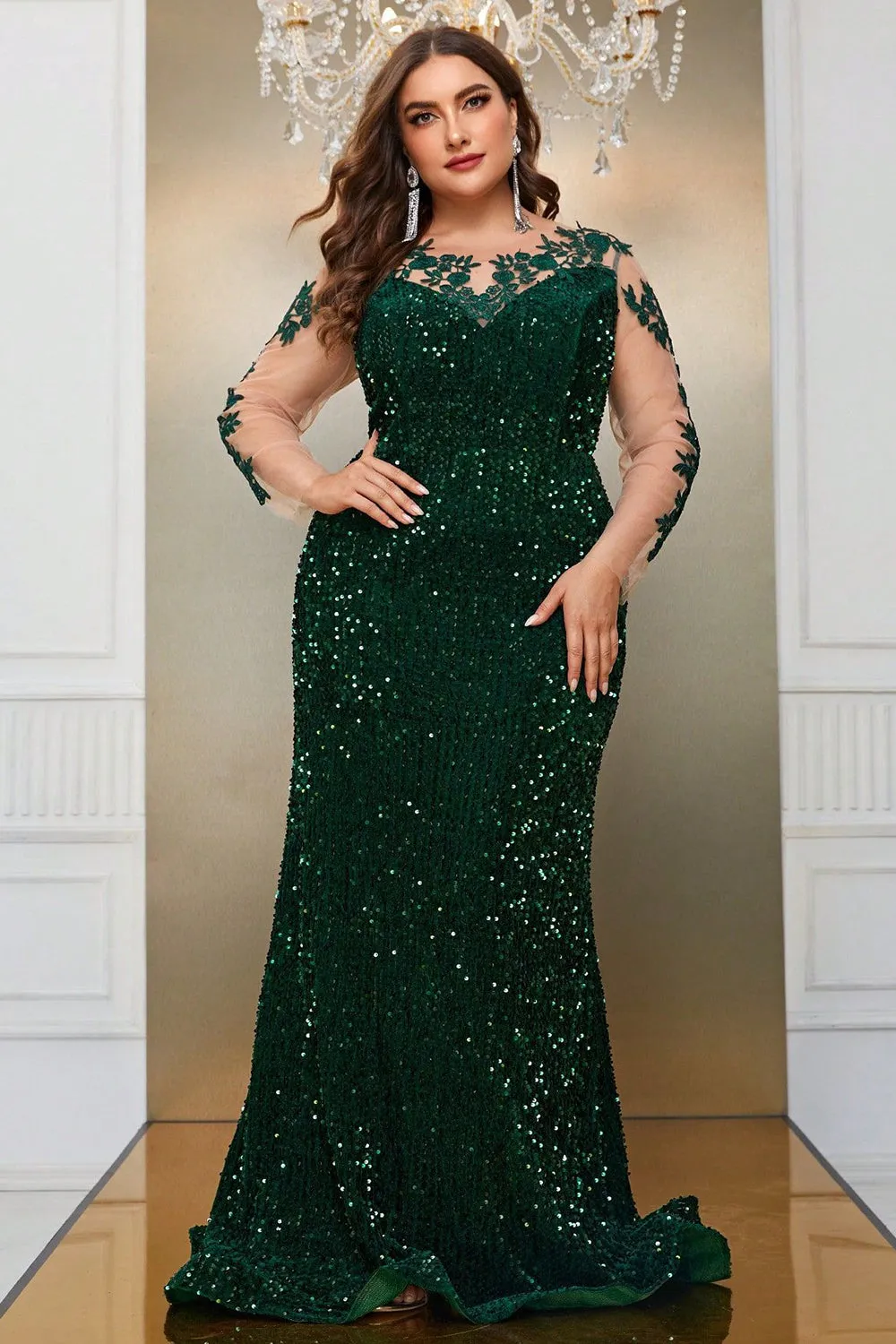 Dark Green Mermaid Plus Size Sequin Prom Dress with Appliques sold by Zapaka product image thumbnail 3