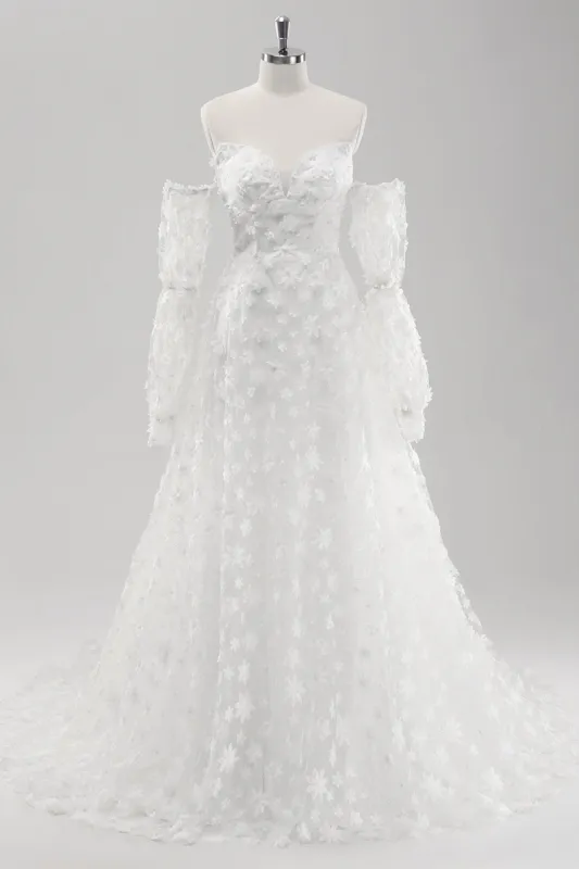 White A Line Sweetheart Applique Lace Wedding Dress with Detachable Sleeves sold by Zapaka