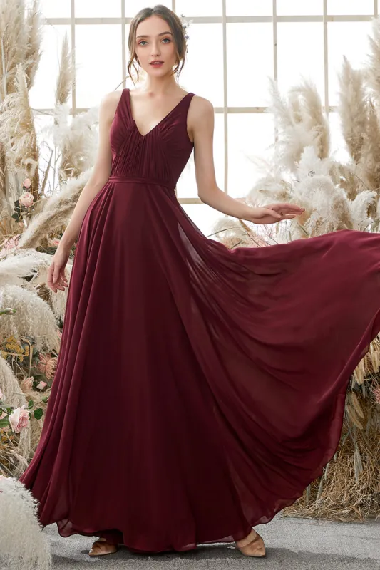 Burgundy V Neck Chiffon Bridesmaid Dress sold by Zapaka