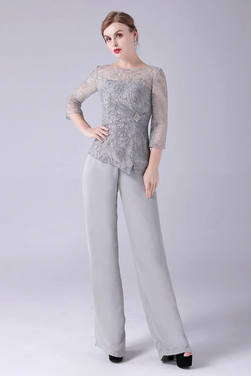 Silver 2 Pieces Slim Elegant Mother of the Bride Pant Suits sold by Zapaka