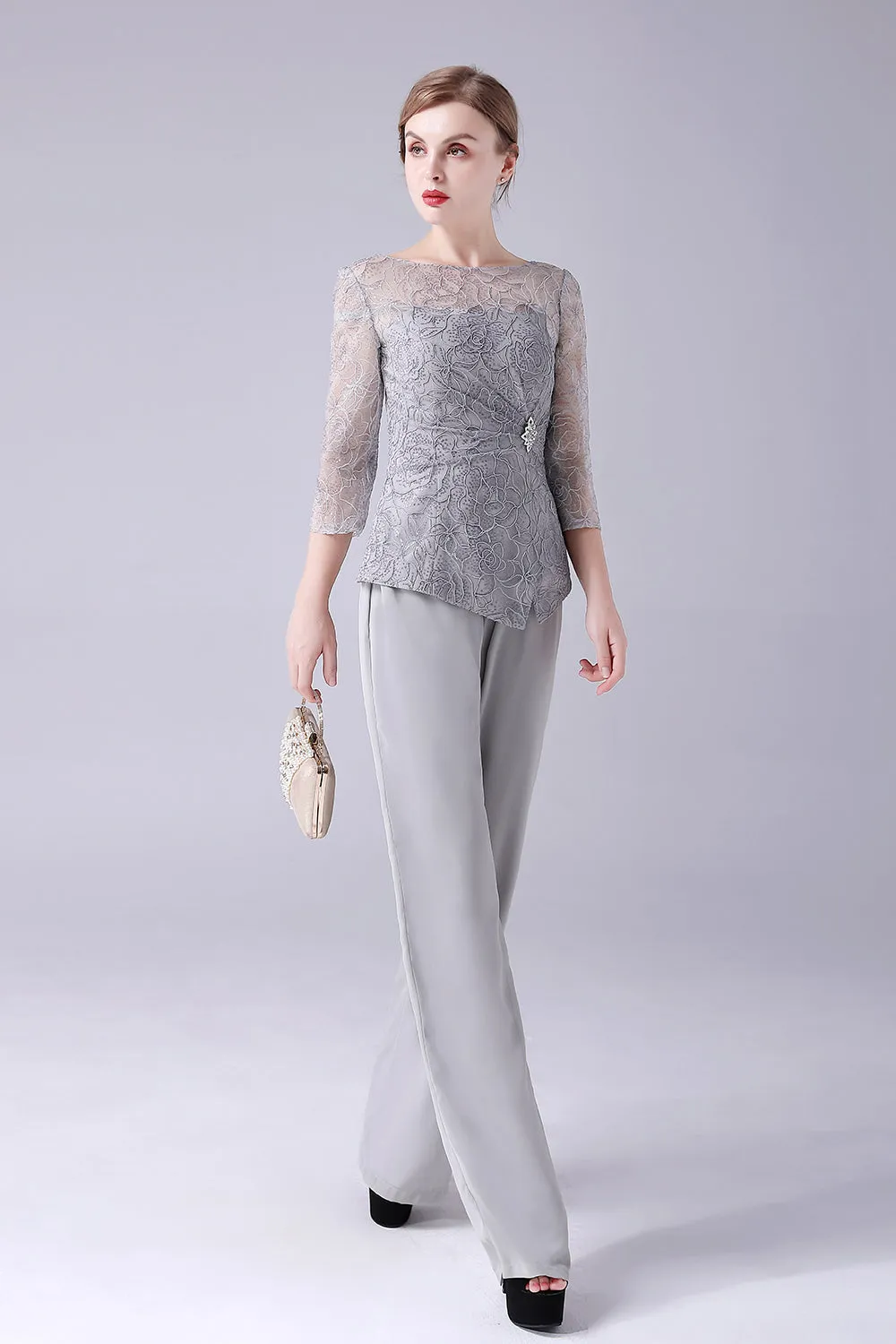 Silver 2 Pieces Slim Elegant Mother of the Bride Pant Suits sold by Zapaka product image thumbnail 3