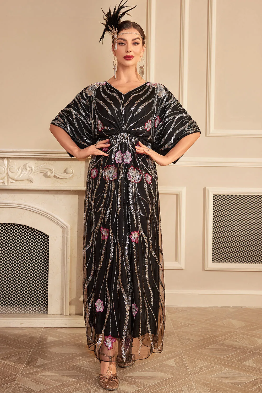 Sparkly Black Flower Oversized Long 1920s Dress with Accessories Set sold by Zapaka product image thumbnail 3