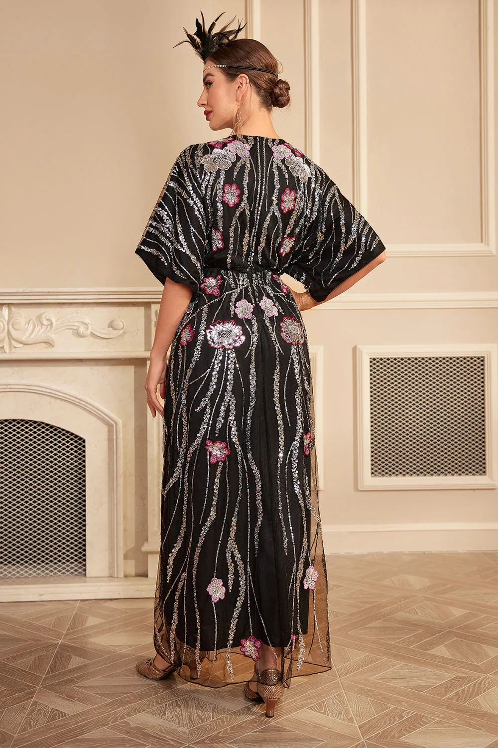 Sparkly Black Flower Oversized Long 1920s Dress with Accessories Set sold by Zapaka product image thumbnail 2