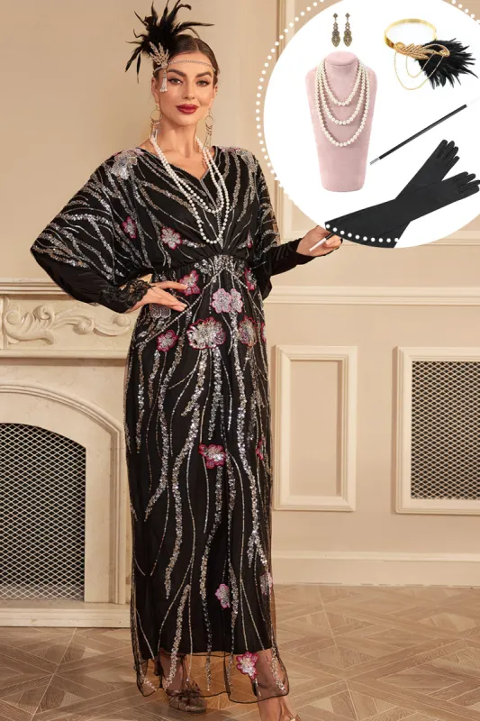 Sparkly Black Flower Oversized Long 1920s Dress with Accessories Set sold by Zapaka
