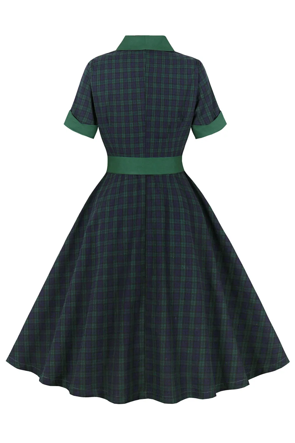 Navy Green Plaid Belted Swing 1950s Dress sold by Zapaka product image thumbnail 2