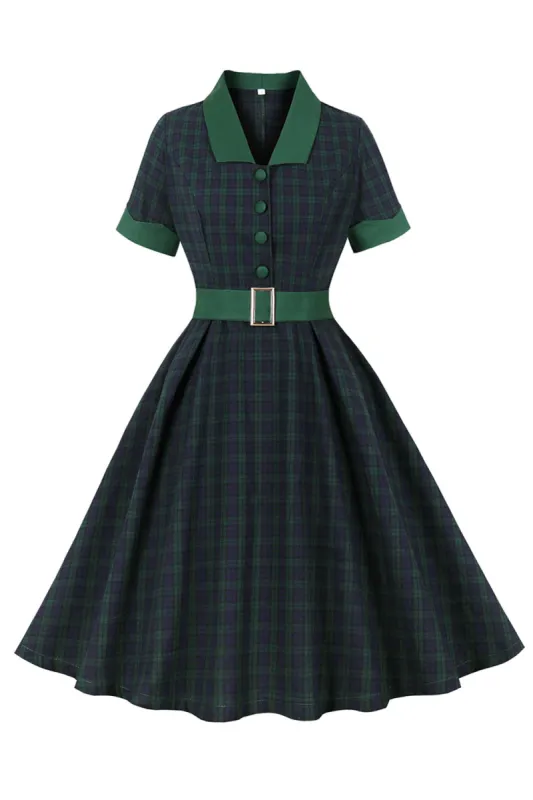 Navy Green Plaid Belted Swing 1950s Dress sold by Zapaka