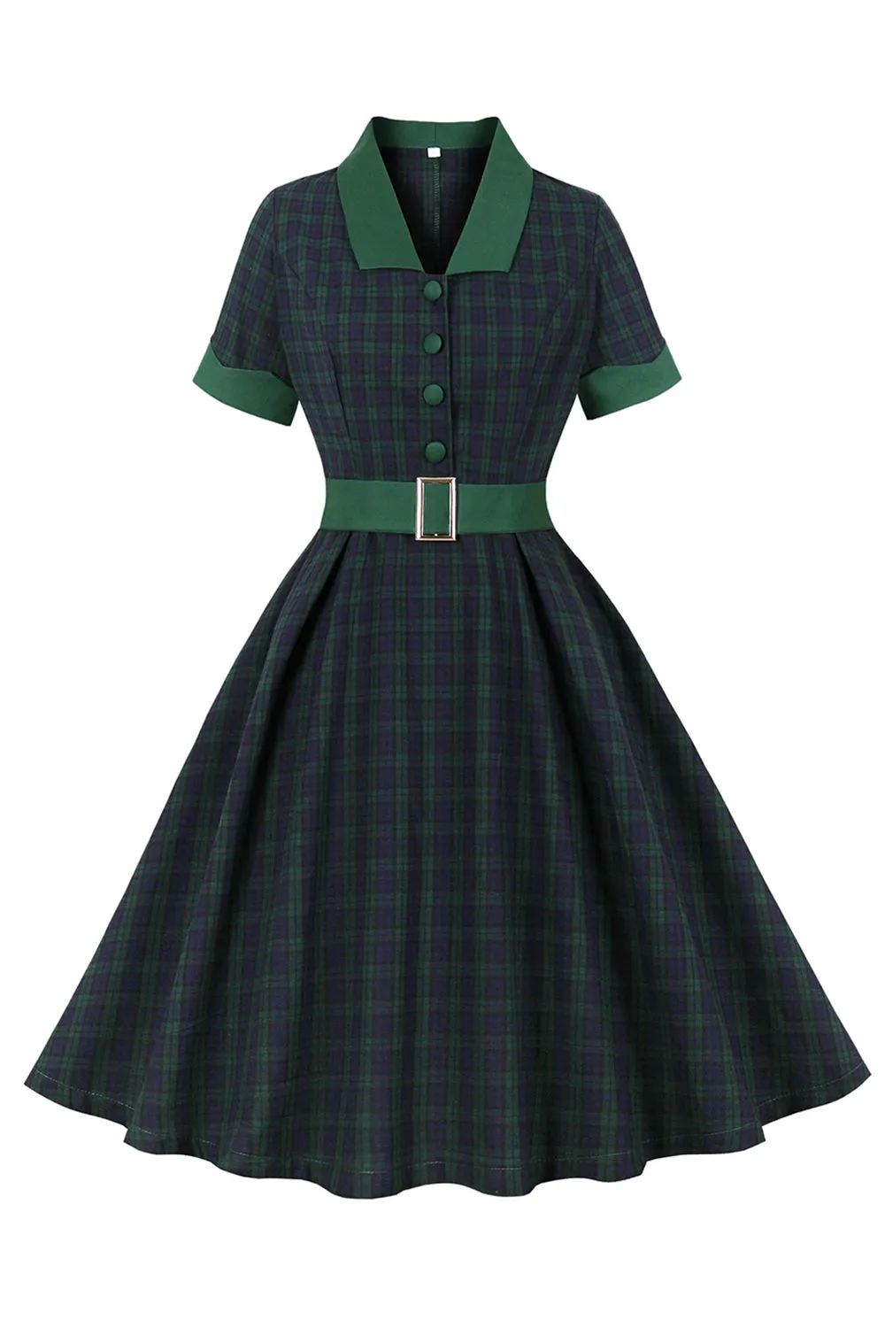 Navy Green Plaid Belted Swing 1950s Dress sold by Zapaka