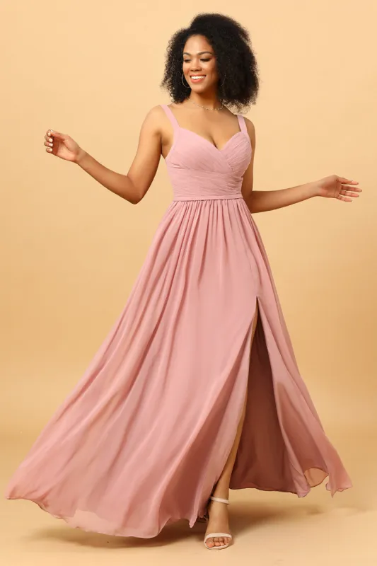 Beautiful A Line Blush Long Bridesmaid Dress with Split Front sold by Zapaka