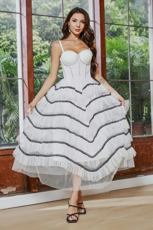 White Ruffled Tulle A-Line Engagement Party Dress sold by Zapaka