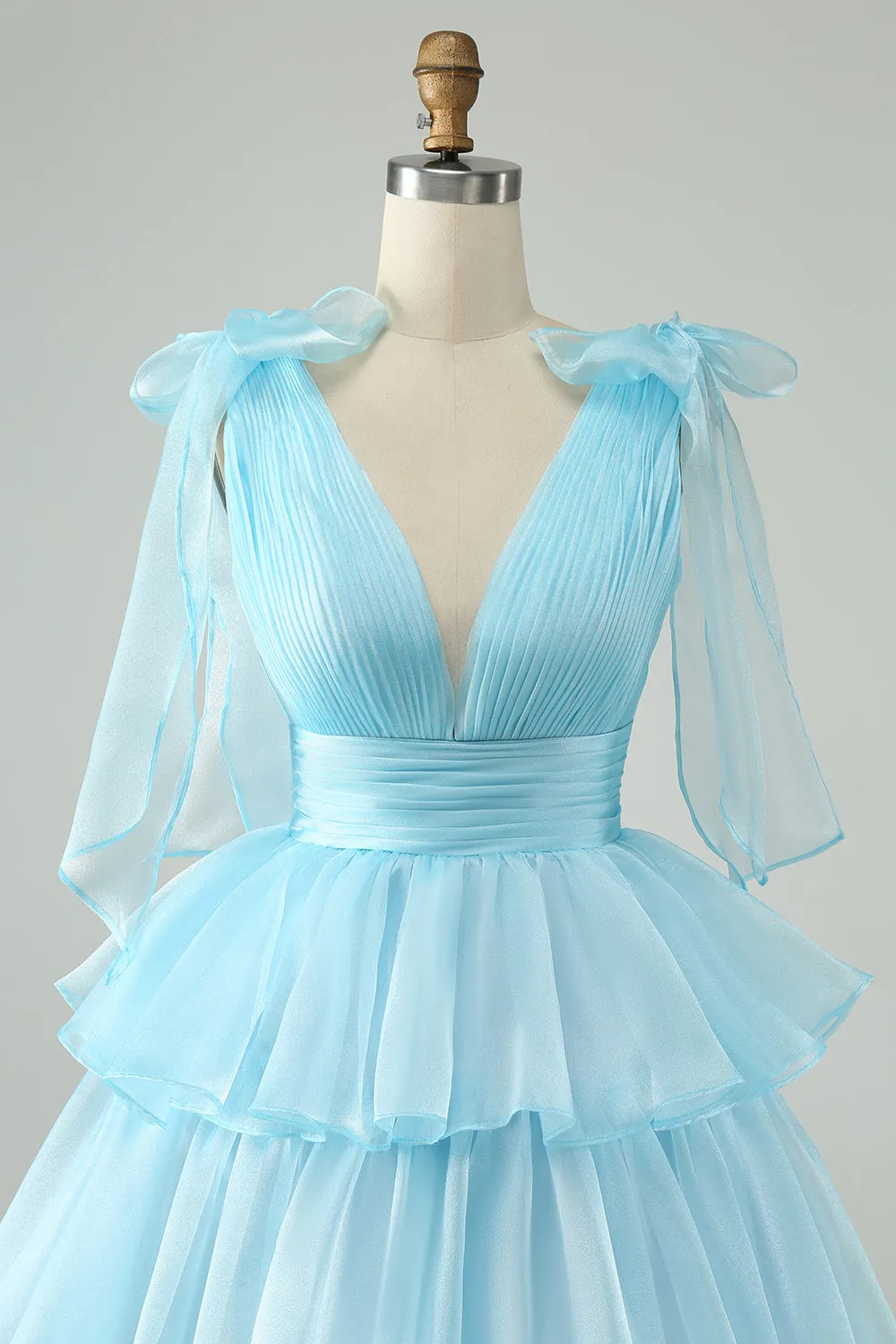 Sky Blue A Line V Neck Pleated Tiered Short Homecoming Dress sold by Zapaka product image thumbnail 4