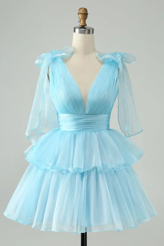 Sky Blue A Line V Neck Pleated Tiered Short Homecoming Dress sold by Zapaka