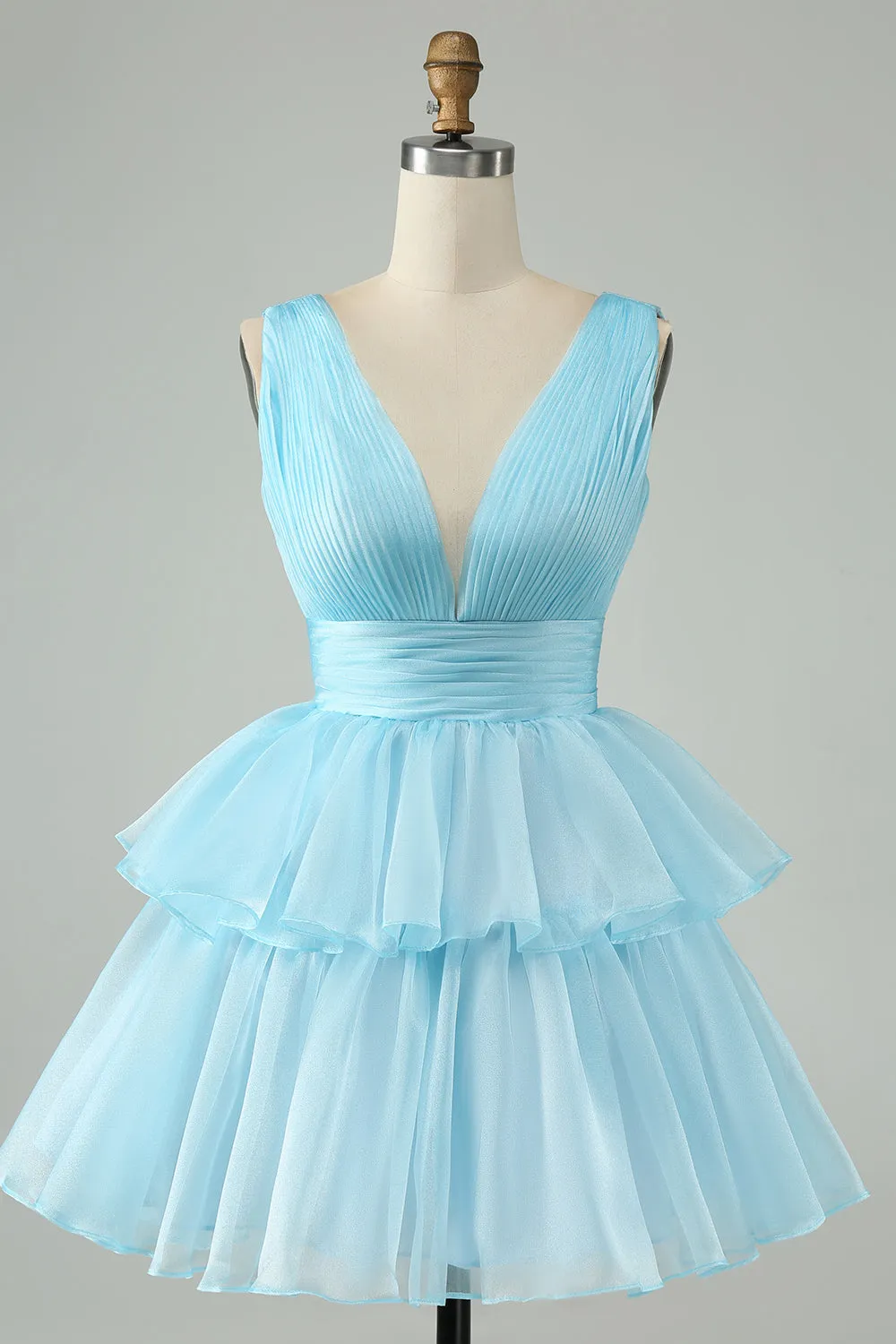 Sky Blue A Line V Neck Pleated Tiered Short Homecoming Dress sold by Zapaka product image thumbnail 5