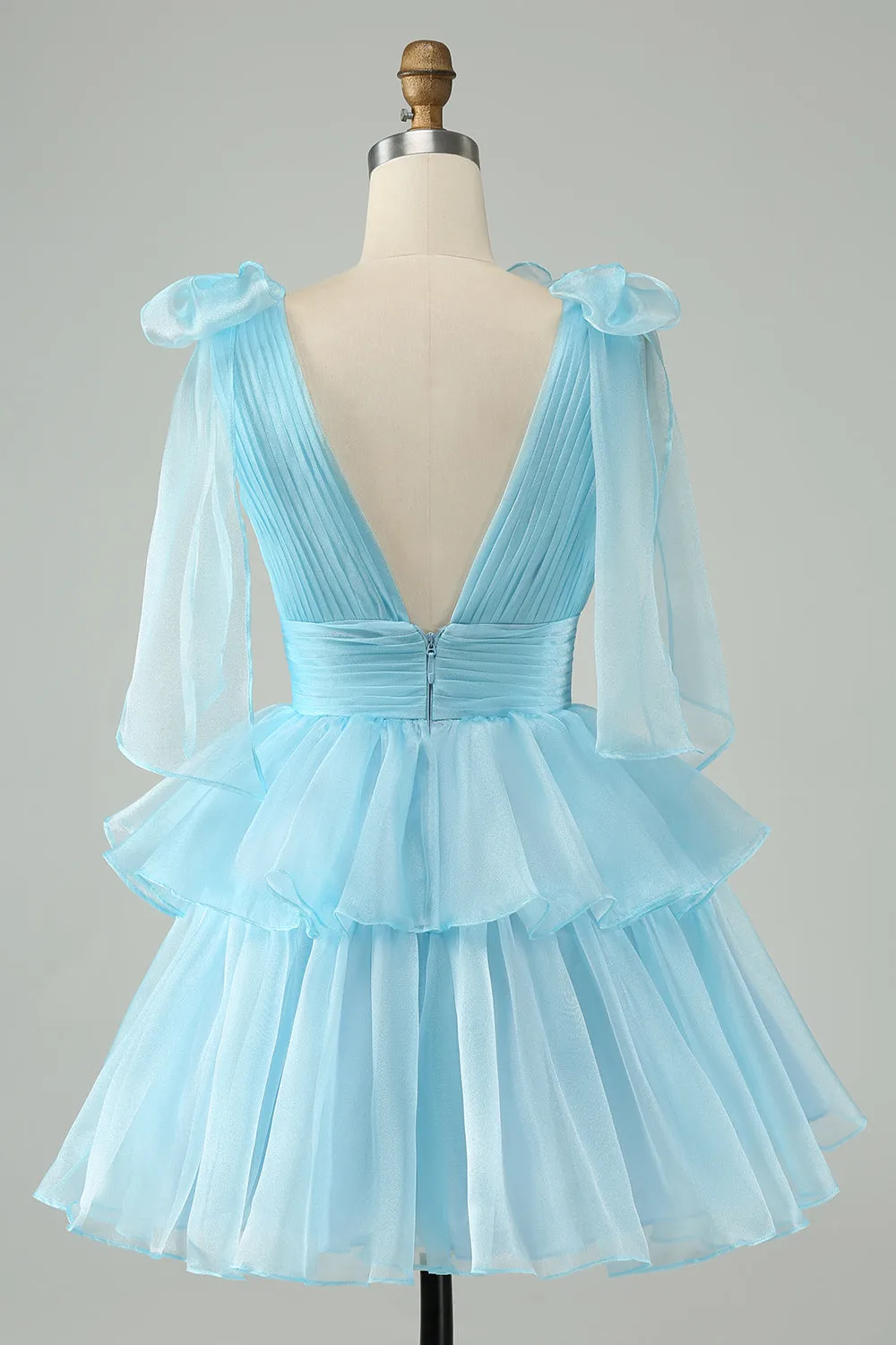 Sky Blue A Line V Neck Pleated Tiered Short Homecoming Dress sold by Zapaka product image thumbnail 2