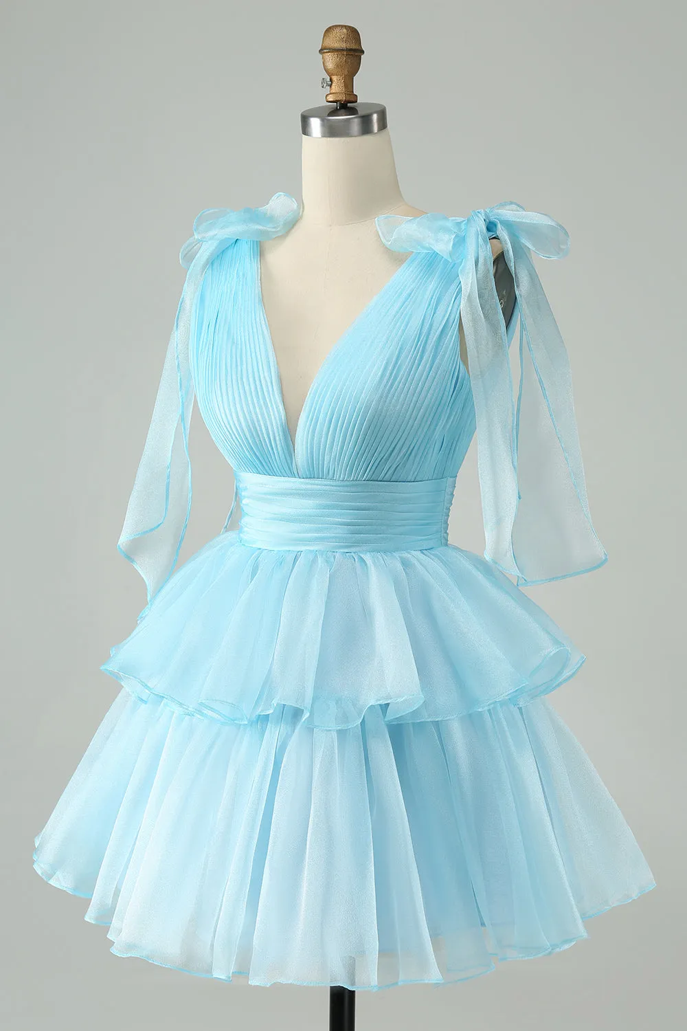 Sky Blue A Line V Neck Pleated Tiered Short Homecoming Dress sold by Zapaka product image thumbnail 3