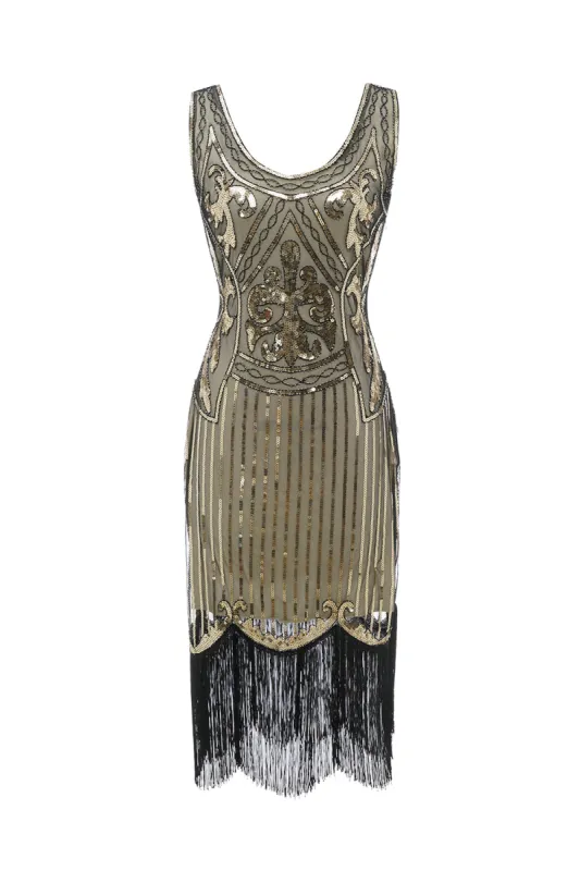 Gold V Neck 1920s Fringe Sequin Flapper Dress sold by Zapaka
