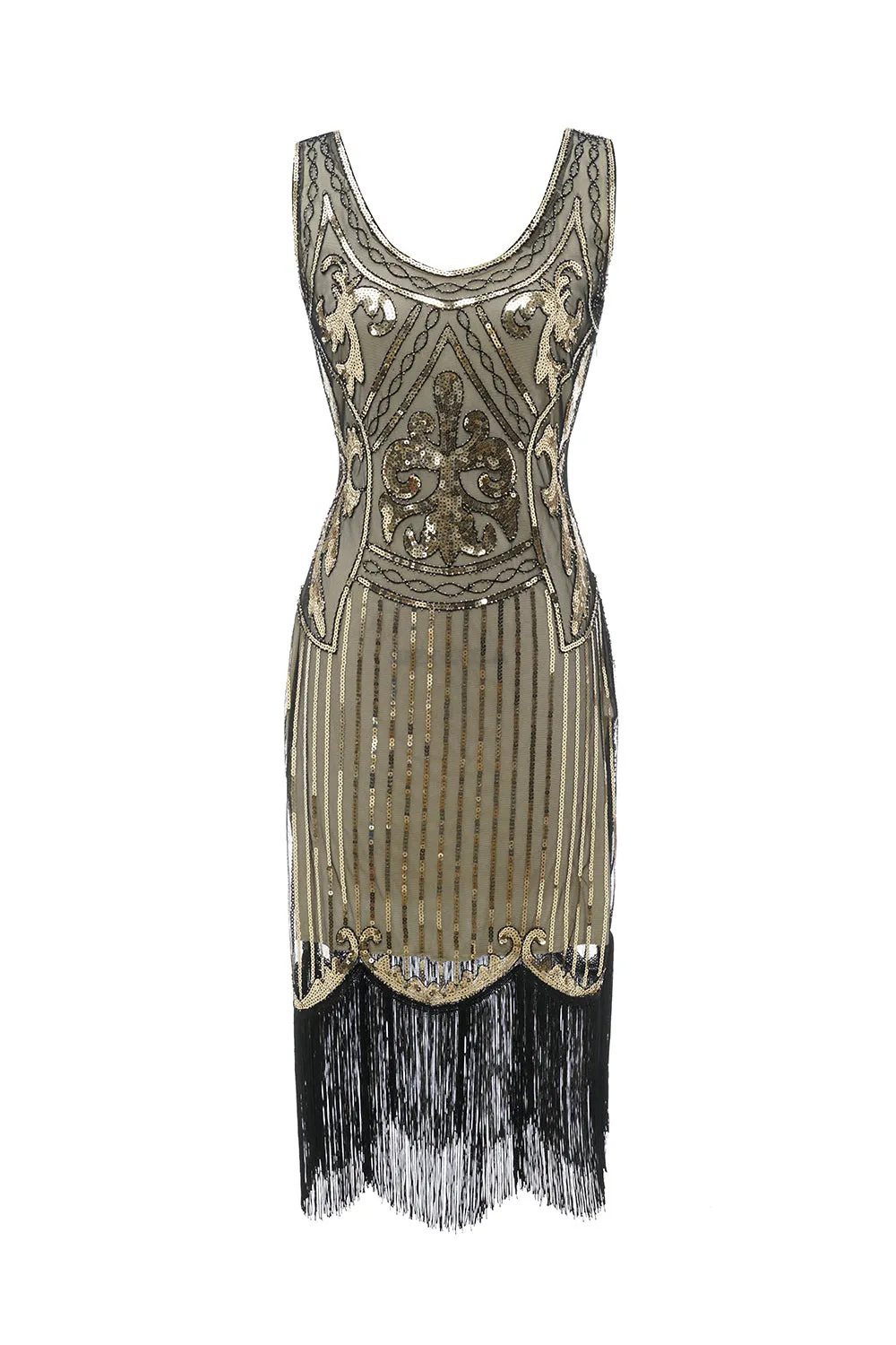 Gold V Neck 1920s Fringe Sequin Flapper Dress sold by Zapaka