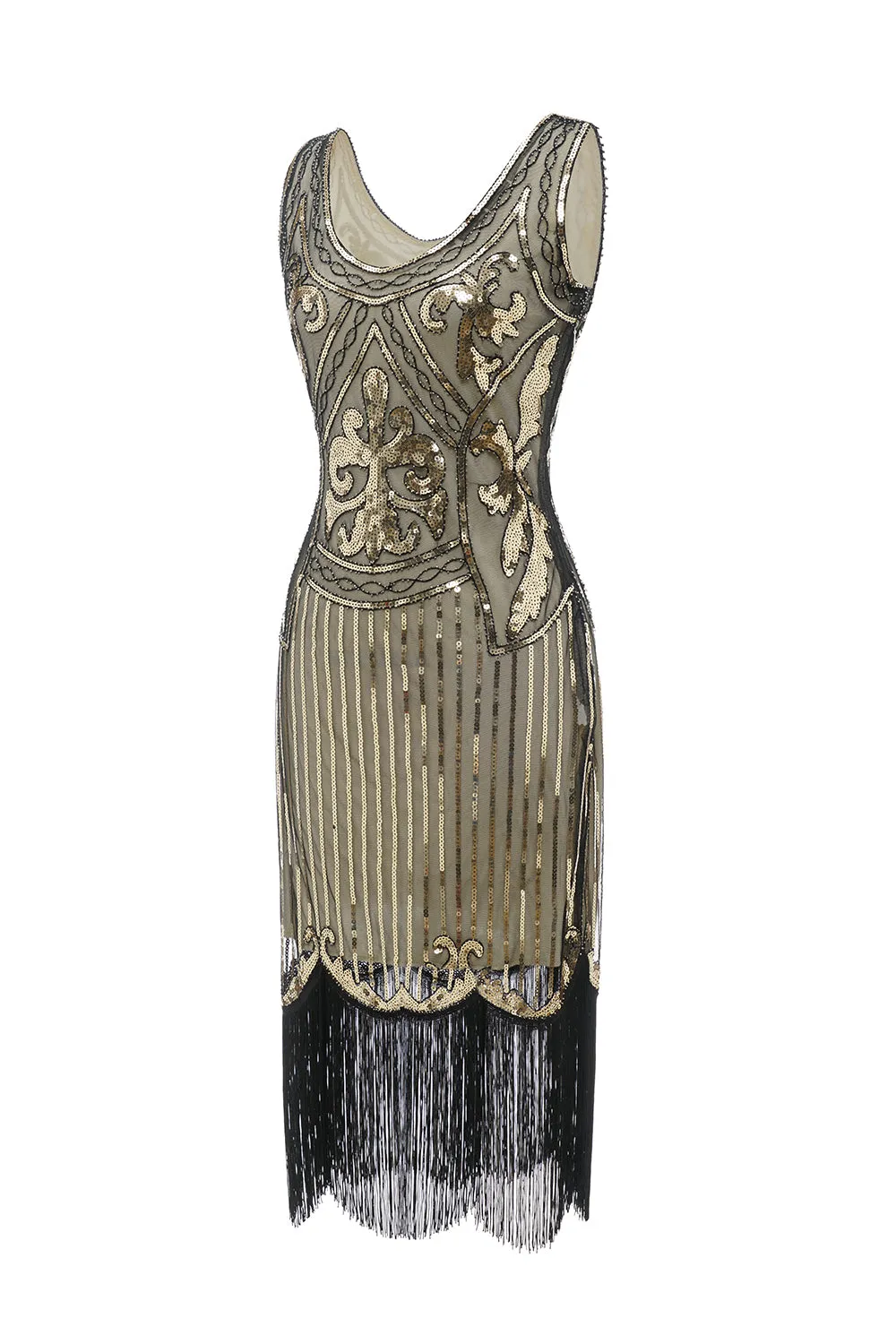 Gold V Neck 1920s Fringe Sequin Flapper Dress sold by Zapaka product image thumbnail 3