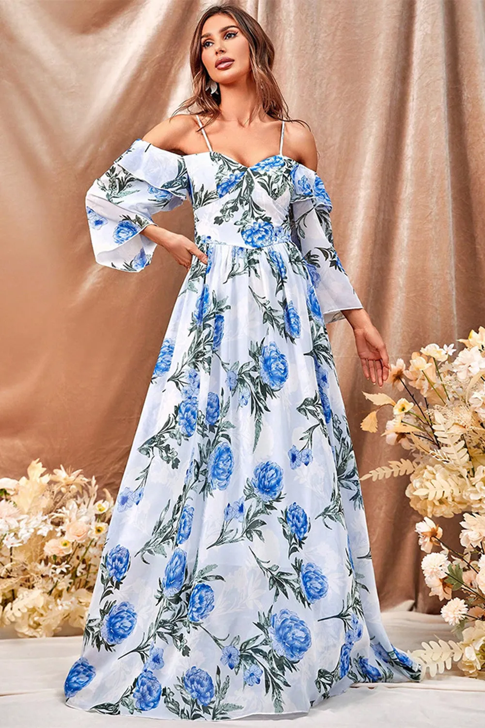 White Blue Flower A Line Long Prom Dress with Ruffled Sleeves sold by Zapaka product image thumbnail 4