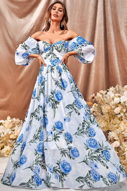 White Blue Flower A Line Long Prom Dress with Ruffled Sleeves sold by Zapaka