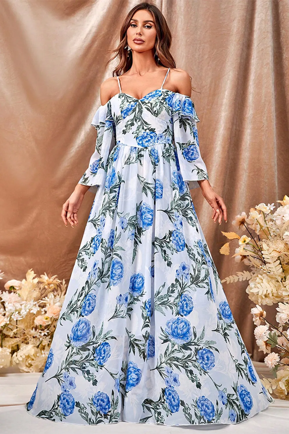 White Blue Flower A Line Long Prom Dress with Ruffled Sleeves sold by Zapaka product image thumbnail 5