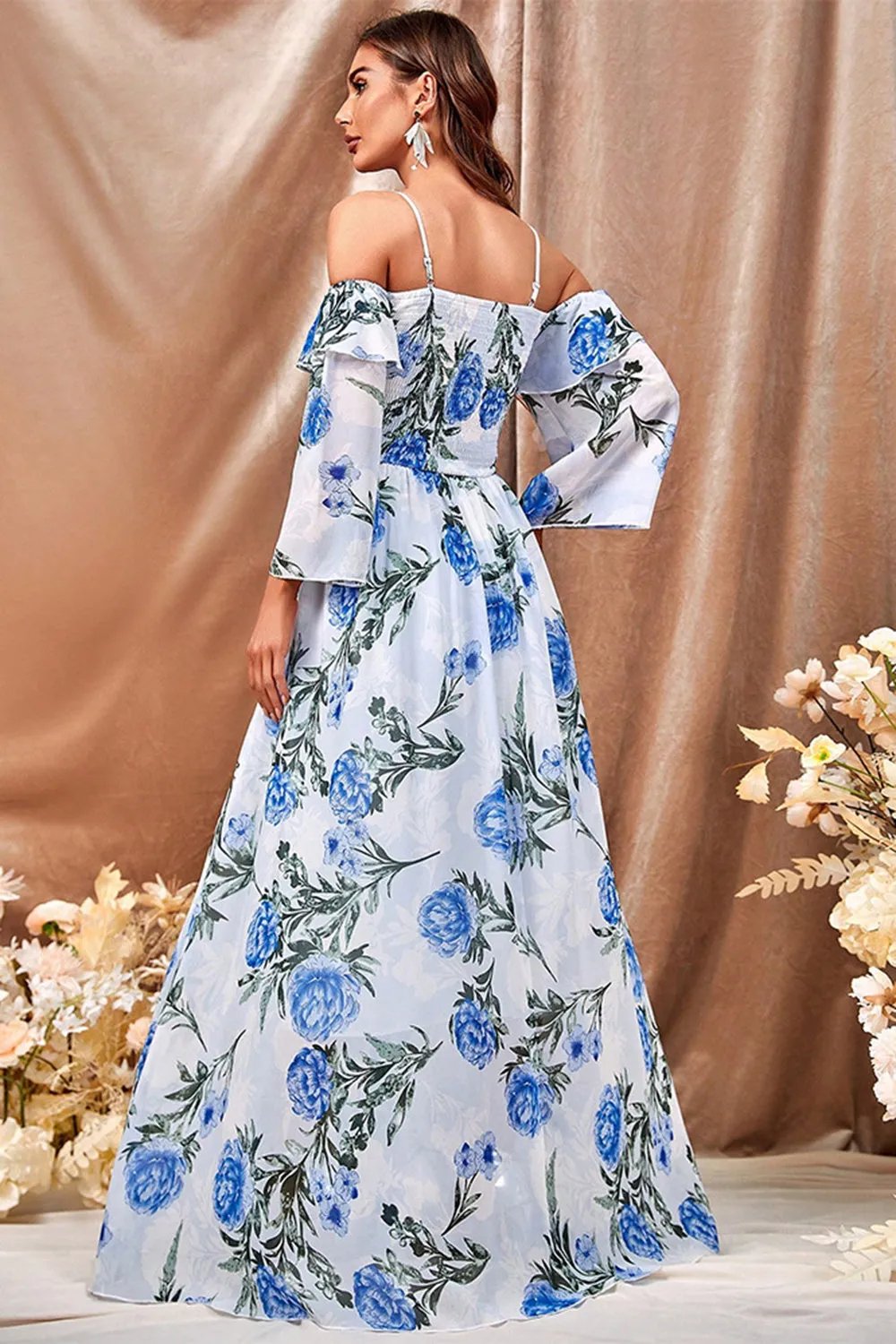 White Blue Flower A Line Long Prom Dress with Ruffled Sleeves sold by Zapaka product image thumbnail 2