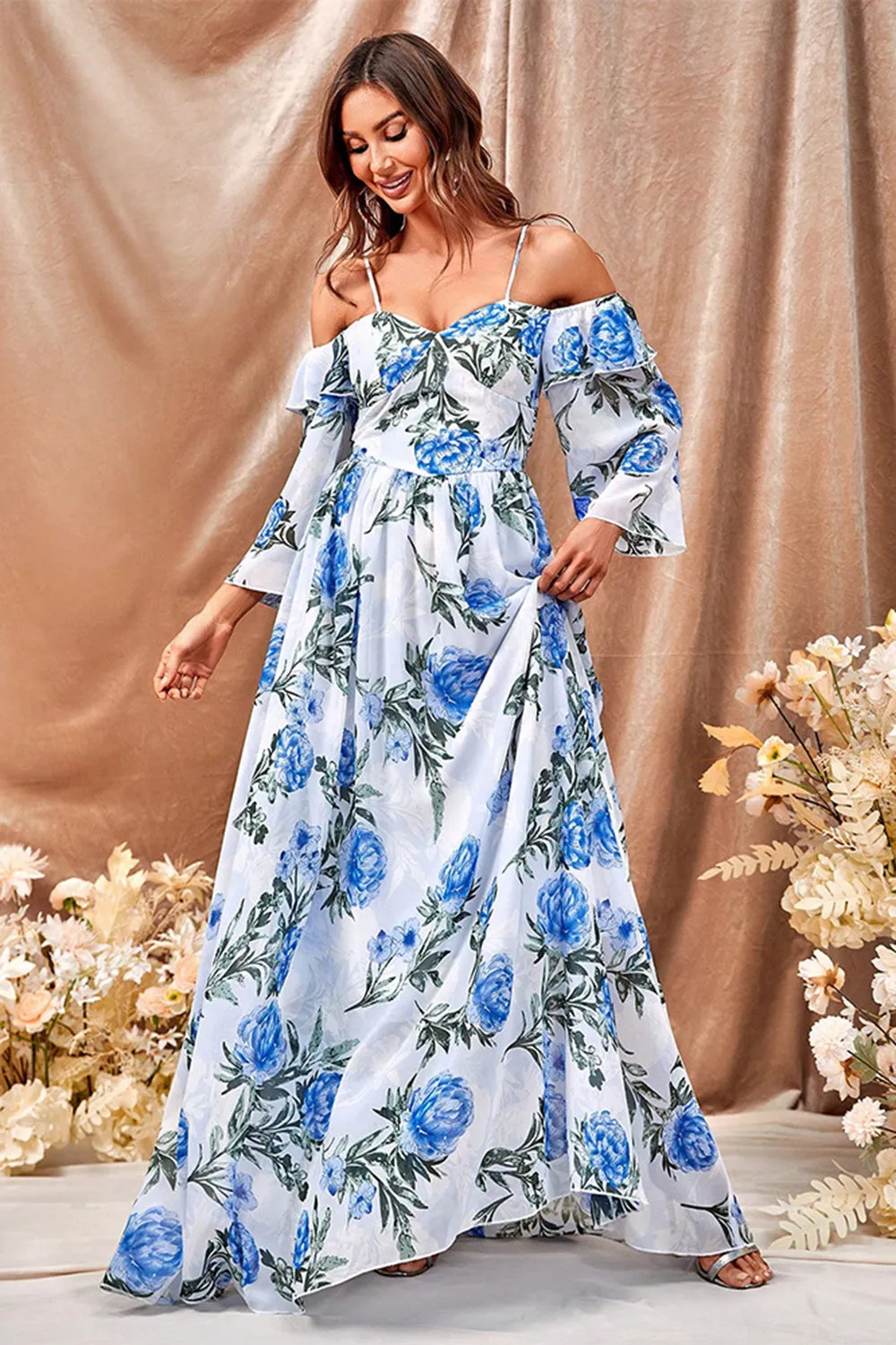 White Blue Flower A Line Long Prom Dress with Ruffled Sleeves sold by Zapaka product image thumbnail 3