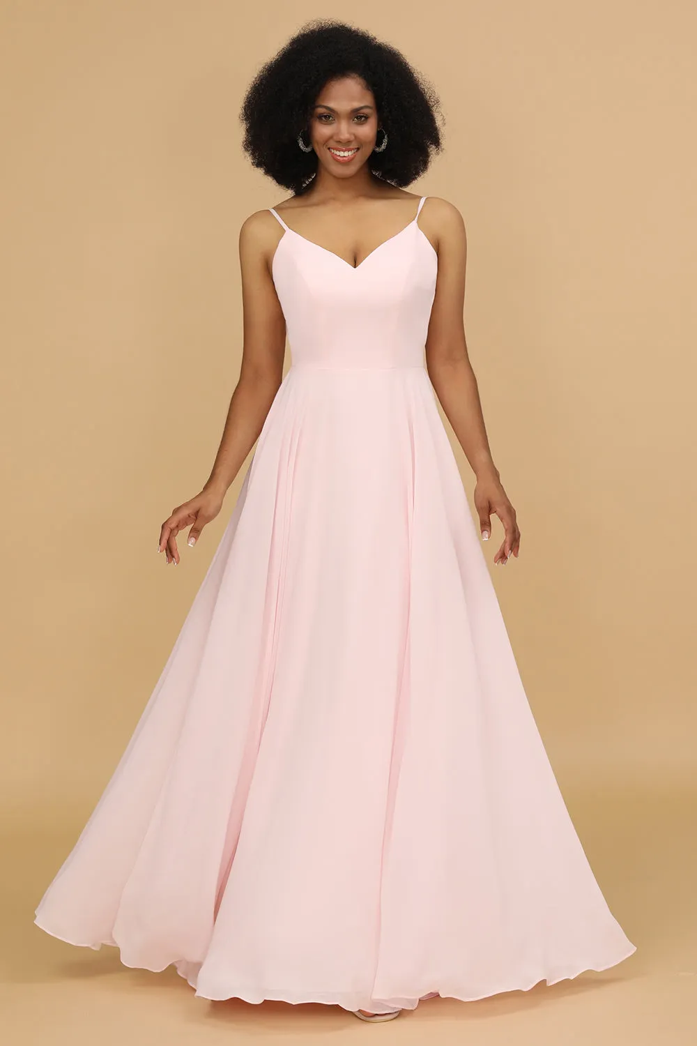 A Line Spaghetti Straps Pink Chiffon Long Bridesmaid Dress sold by Zapaka product image thumbnail 3