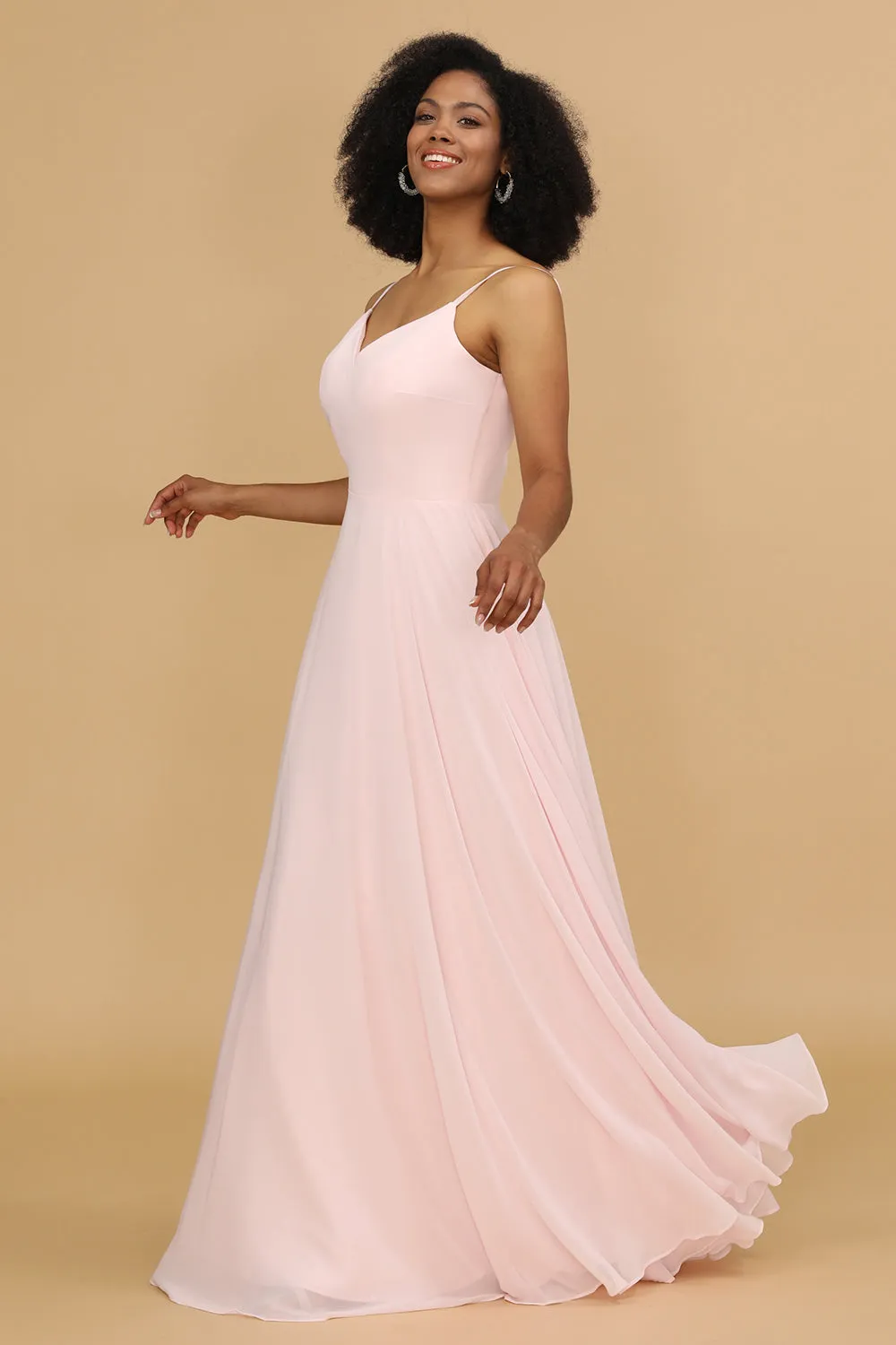 A Line Spaghetti Straps Pink Chiffon Long Bridesmaid Dress sold by Zapaka product image thumbnail 4