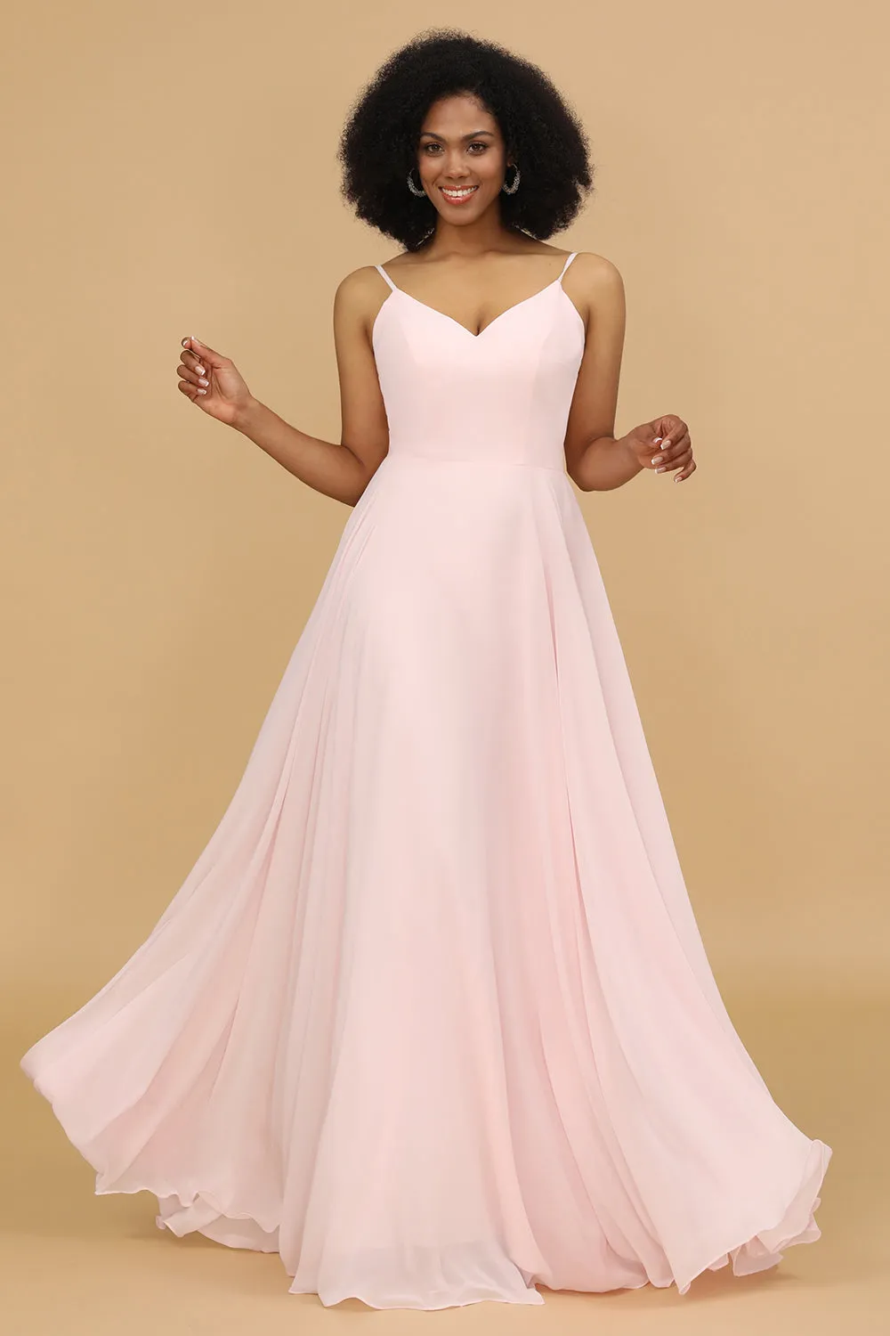 A Line Spaghetti Straps Pink Chiffon Long Bridesmaid Dress sold by Zapaka