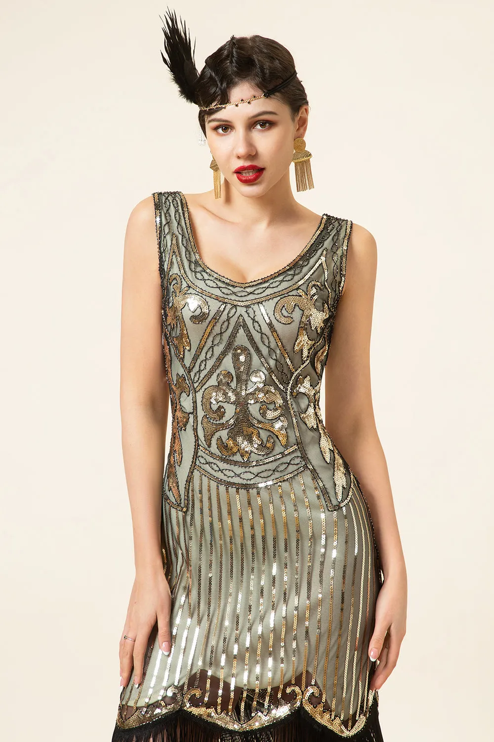 Golden Sequins Fringes 1920s Flapper Dress with 20s Accessories Set sold by Zapaka product image thumbnail 5