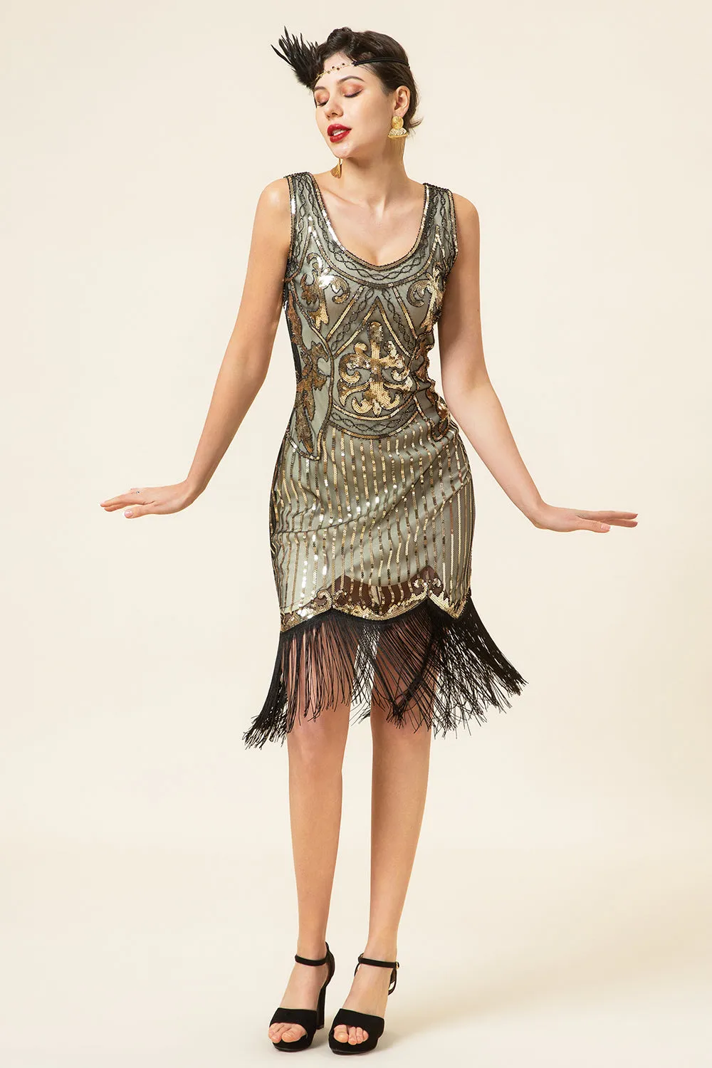 Golden Sequins Fringes 1920s Flapper Dress with 20s Accessories Set sold by Zapaka product image thumbnail 2