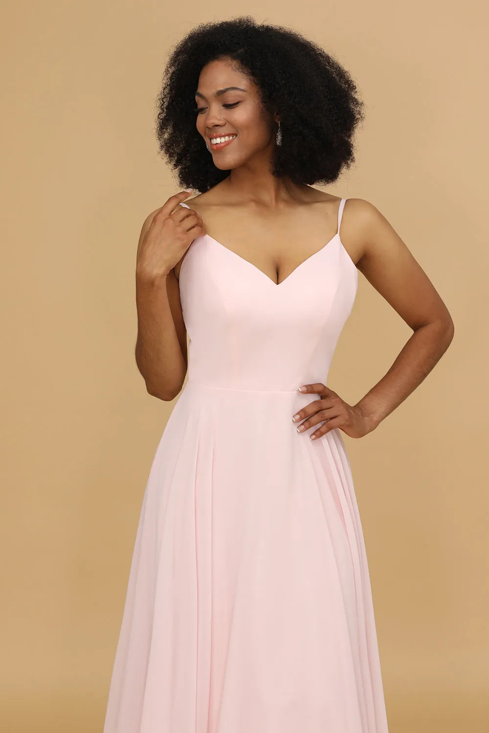 A Line Spaghetti Straps Pink Chiffon Long Bridesmaid Dress sold by Zapaka product image thumbnail 5