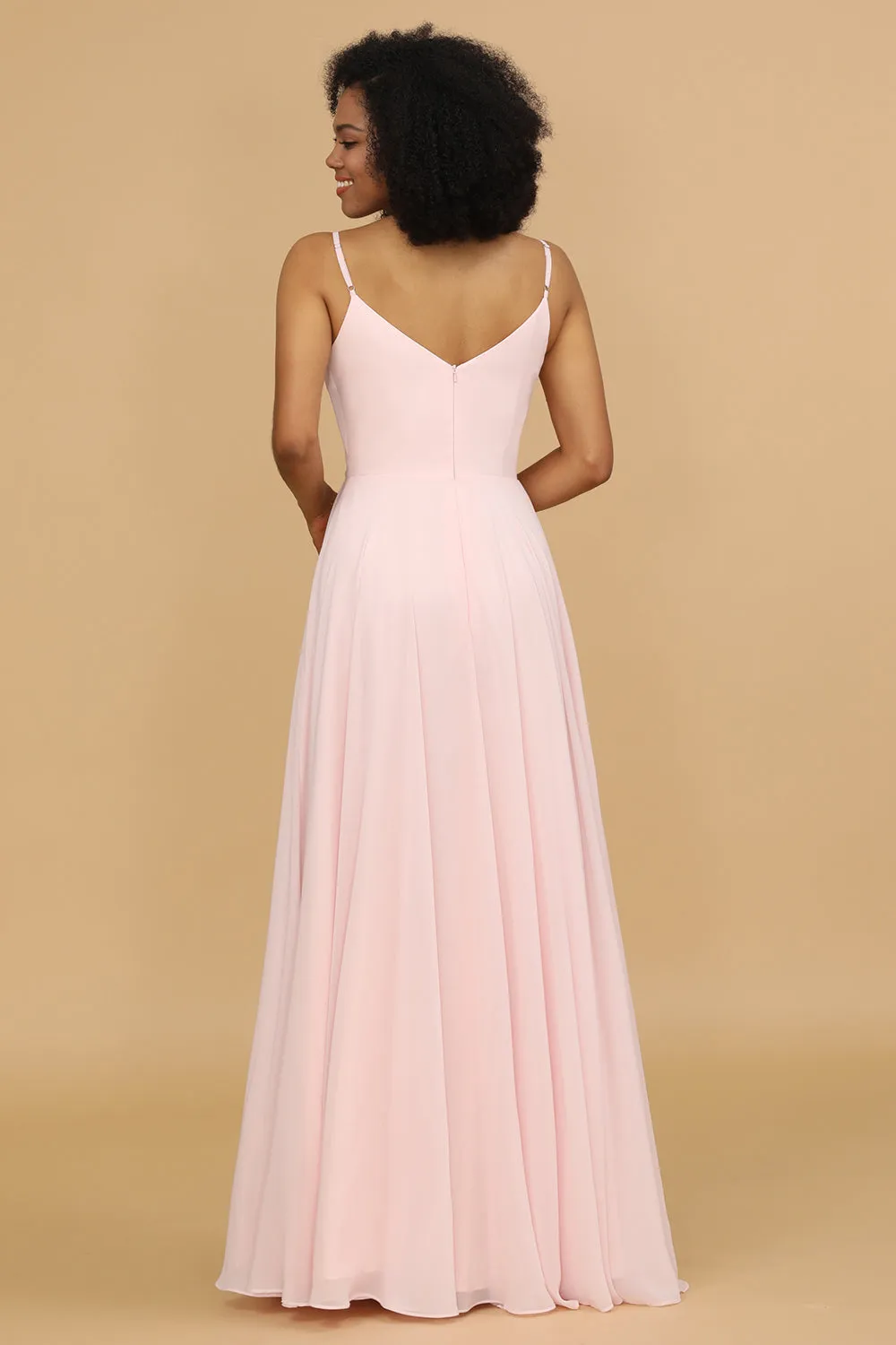 A Line Spaghetti Straps Pink Chiffon Long Bridesmaid Dress sold by Zapaka product image thumbnail 2