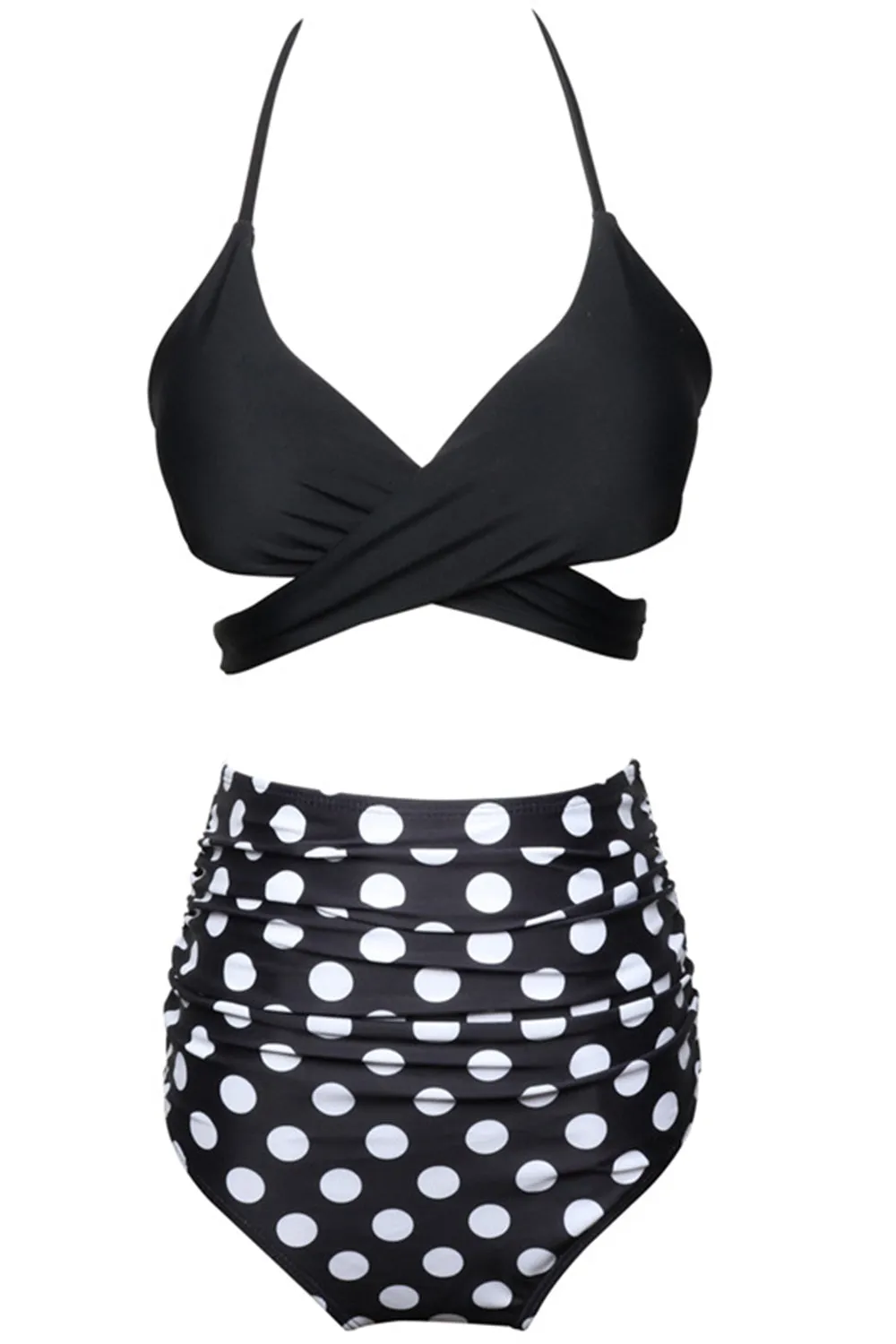 Black and White Polka Dots Halter Criss Cross Two Pieces Bikini Swimsuit sold by Zapaka product image thumbnail 3