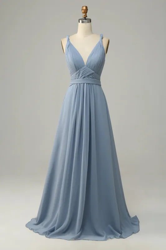 Dusty Blue Deep V Neck A Line Long Bridesmaid Dress sold by Zapaka