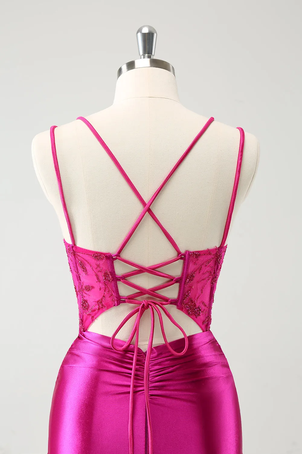 Fuchsia Bodycon Spaghetti Straps Beaded Satin Short Homecoming Dress sold by Zapaka product image thumbnail 5