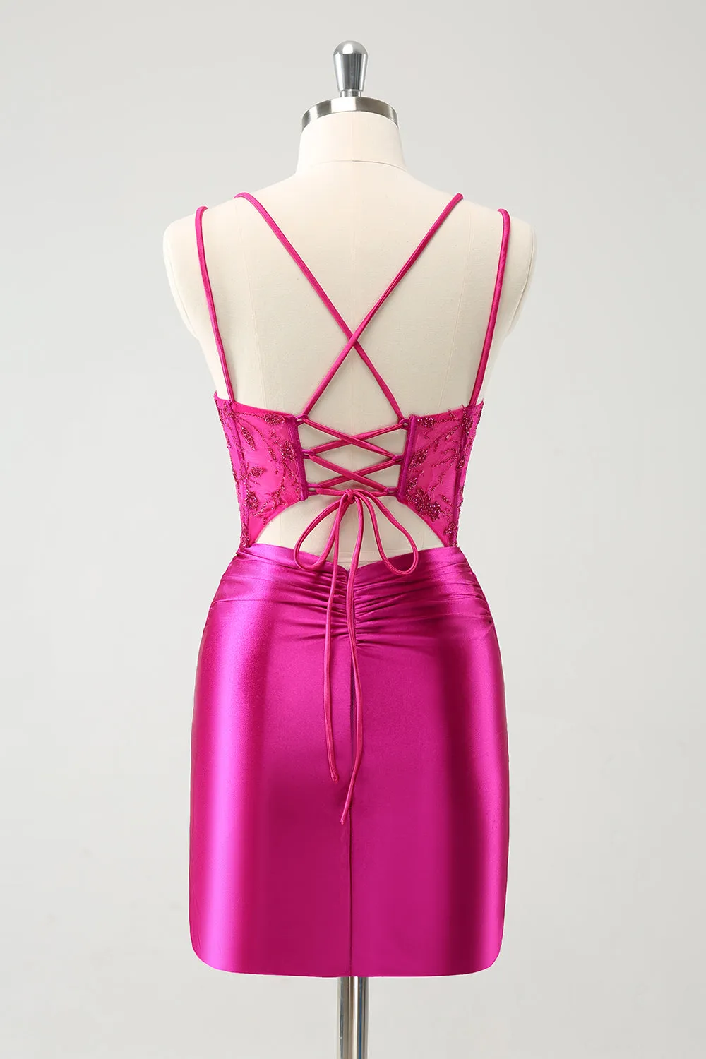 Fuchsia Bodycon Spaghetti Straps Beaded Satin Short Homecoming Dress sold by Zapaka product image thumbnail 2