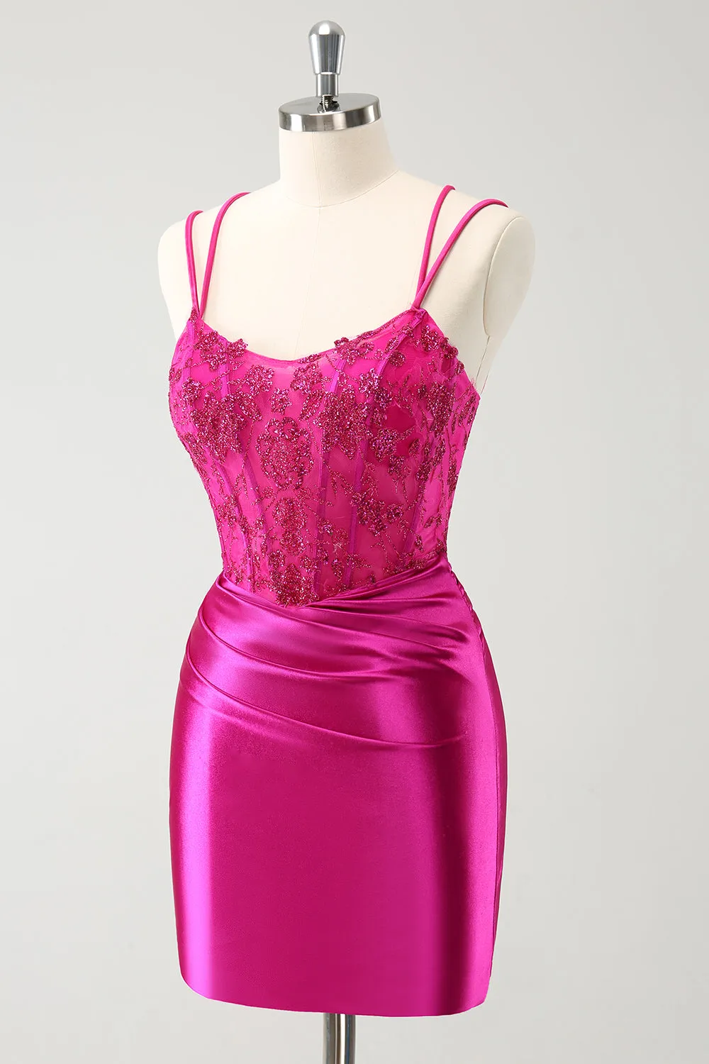Fuchsia Bodycon Spaghetti Straps Beaded Satin Short Homecoming Dress sold by Zapaka product image thumbnail 3