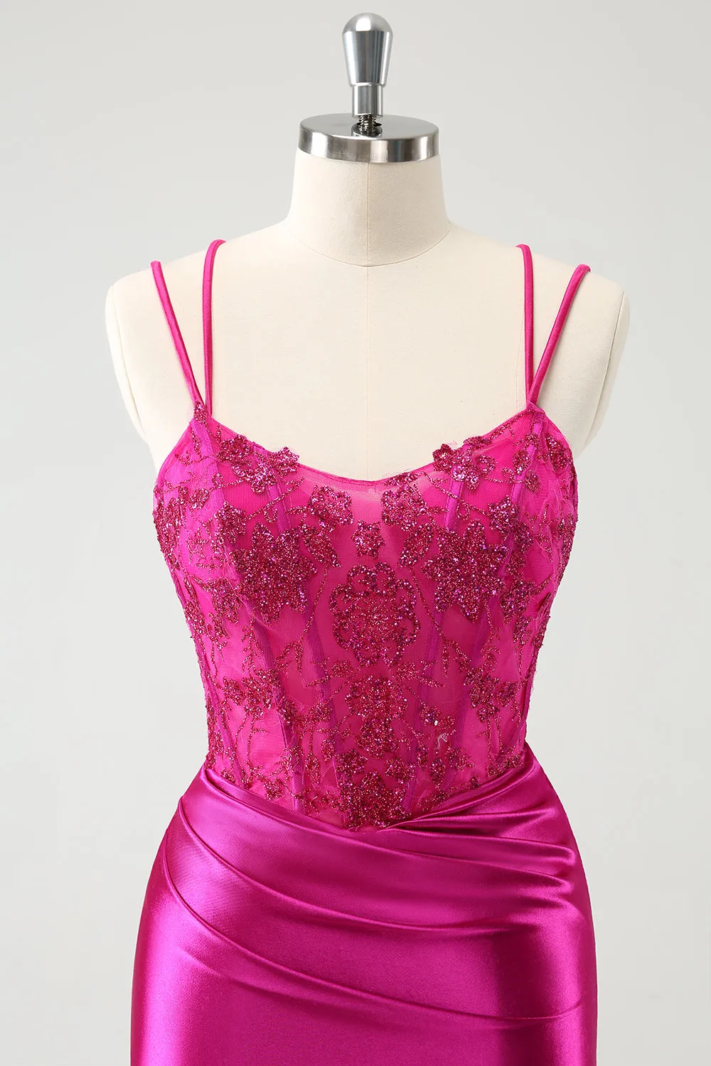 Fuchsia Bodycon Spaghetti Straps Beaded Satin Short Homecoming Dress sold by Zapaka product image thumbnail 4