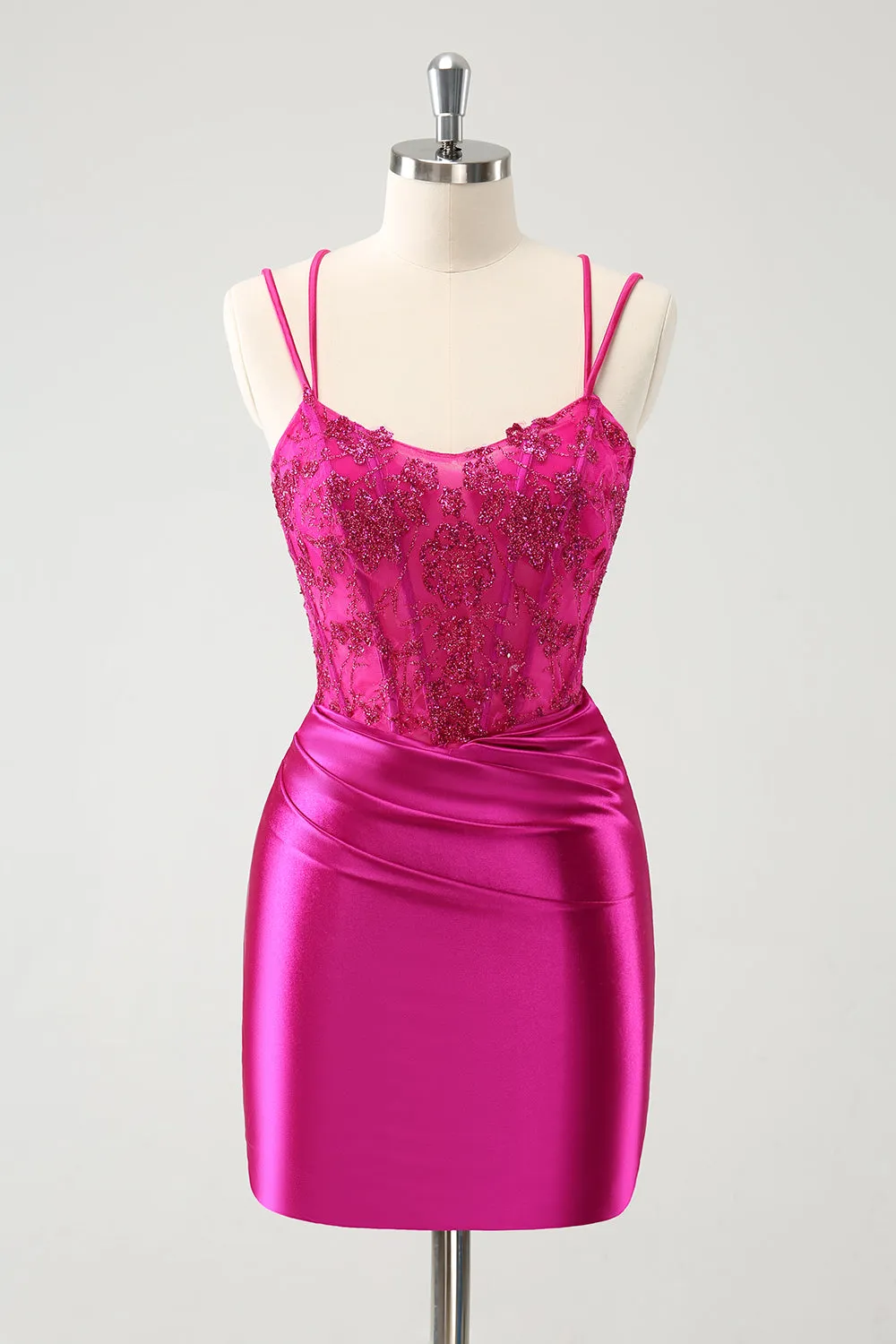 Fuchsia Bodycon Spaghetti Straps Beaded Satin Short Homecoming Dress sold by Zapaka